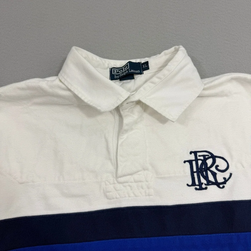 Vintage Polo Ralph Lauren Rugby Shirt Men XL White Crest Stripe Long Sleeve PRLC